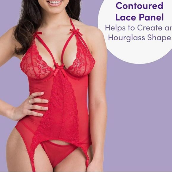 🆕 Red Lingerie Lace Basque Set Underwired w/Suspenders Matching G-String - Picture 9 of 13